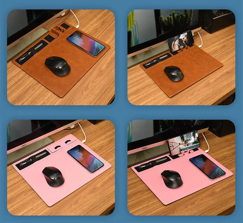 Pink PU leather wireless charging mouse pad with phone holder on a desk, showing USB cable.
