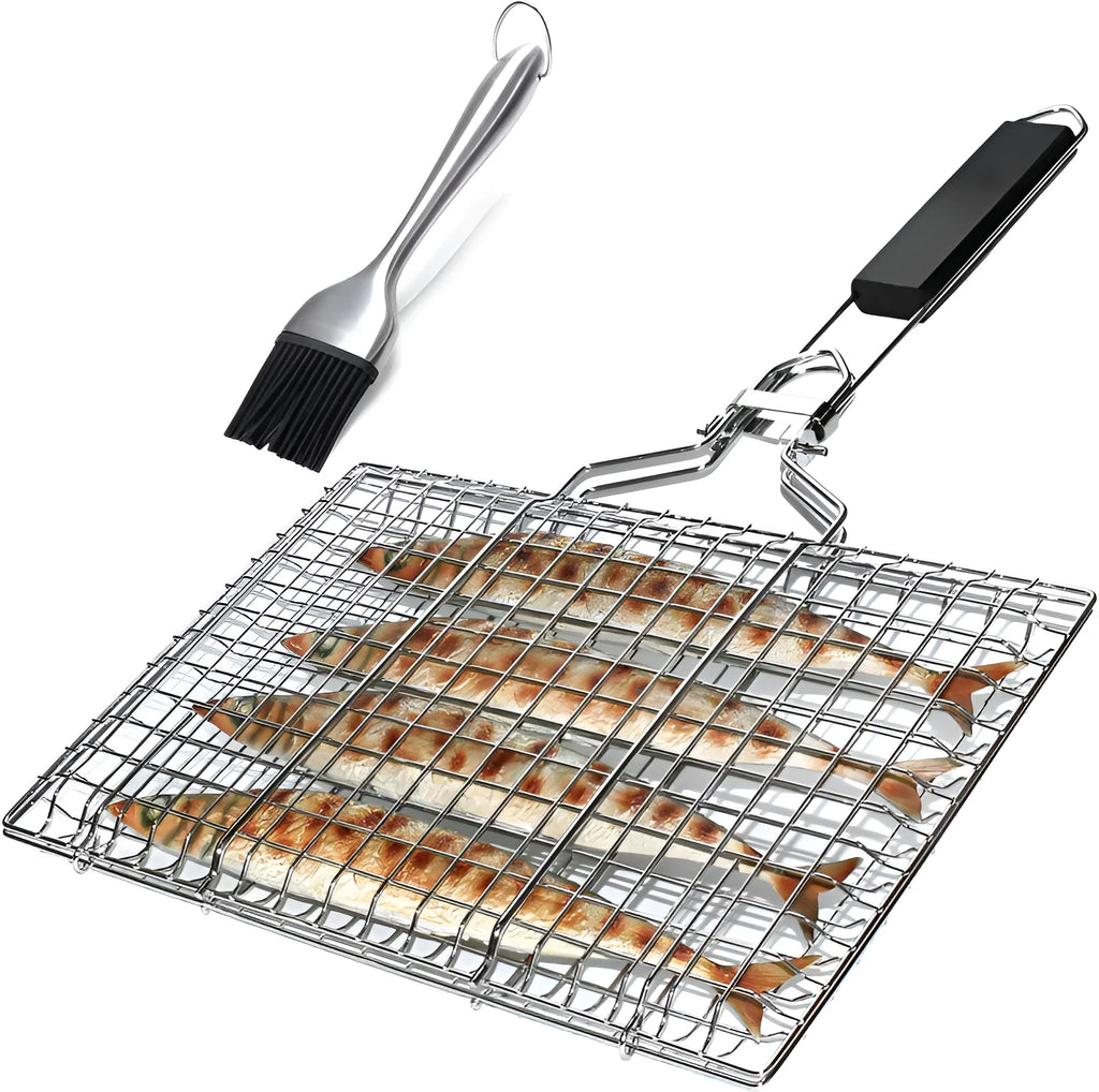 Square stainless steel barbecue mesh basket with folding design and cleaning brush for outdoor grilling