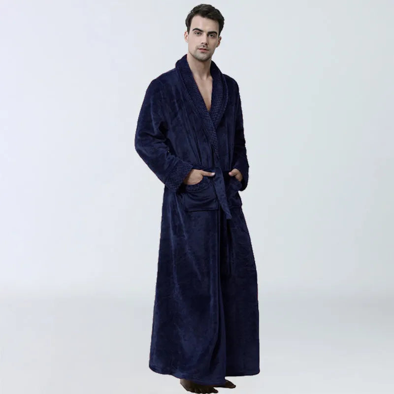 Men's winter coral fleece cardigan nightgown in gray, long sleeves, soft flannel knit for warm sleep