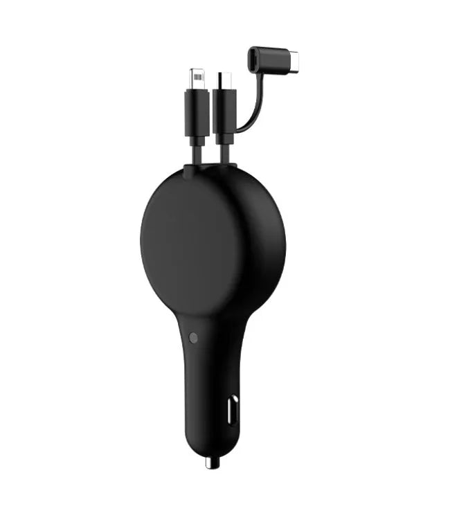 Retractable dual USB-C car fast charger with extended cable in black colour
