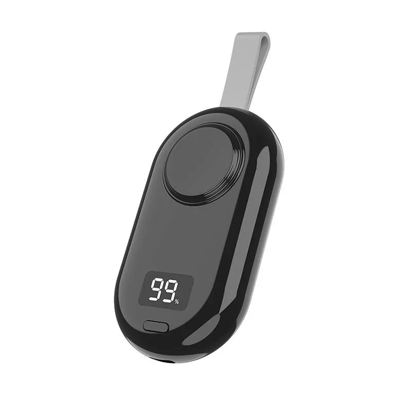 Plastic wireless power bank portable charger showing black and white colour options with dimensions 121.5x49.5x20.2mm
