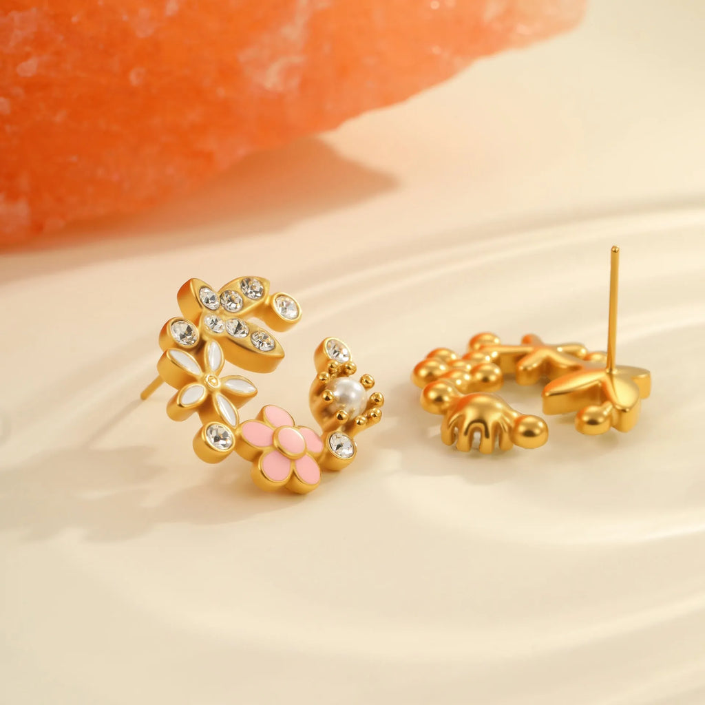 Colourful diamond flower stud earrings with stainless steel construction and gold electroplated finish