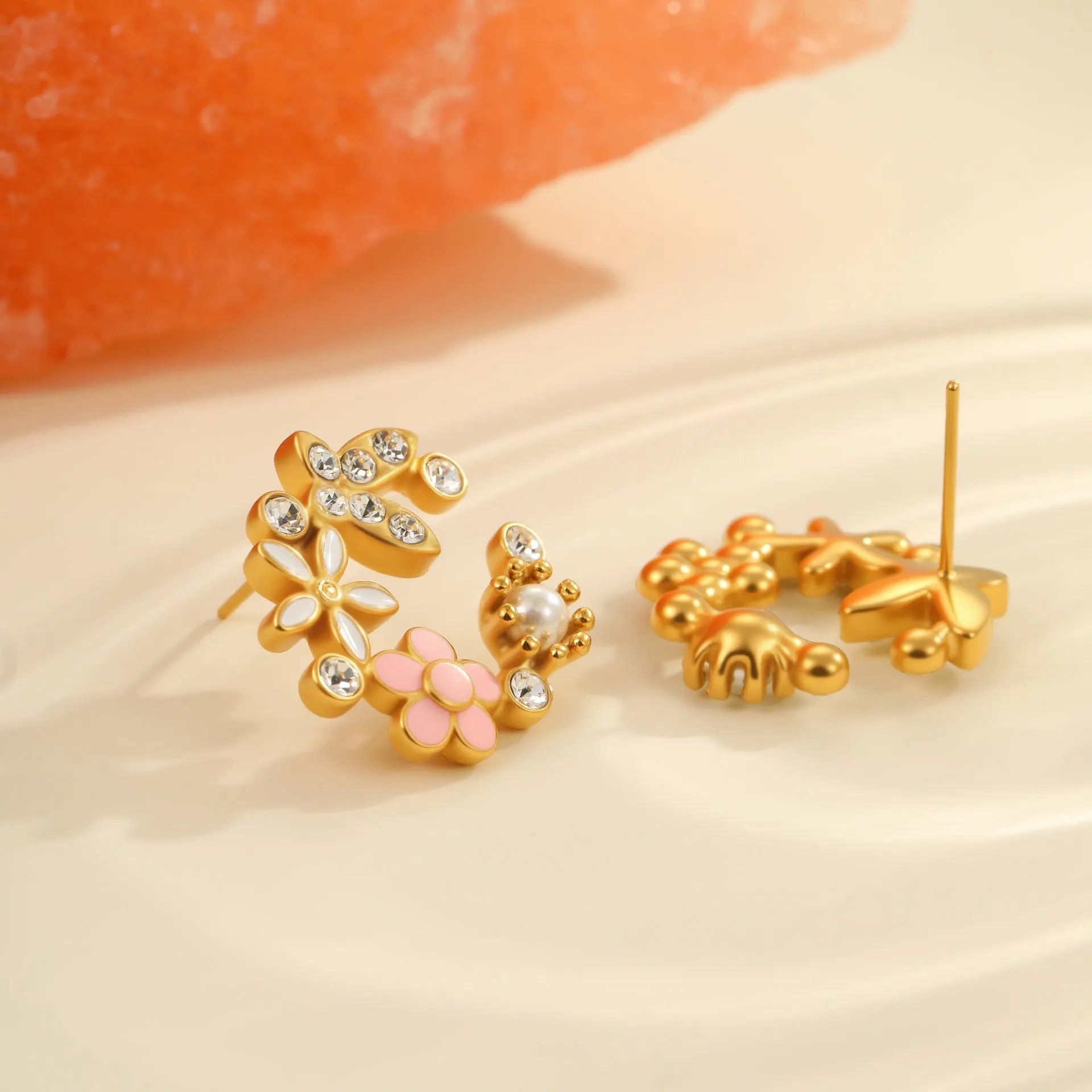 Colourful diamond flower stud earrings with stainless steel construction and gold electroplated finish
