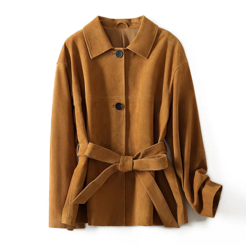 Women's retro-style cashmere coat with Peter Pan collar in yellow brown colour showing leather stitching details