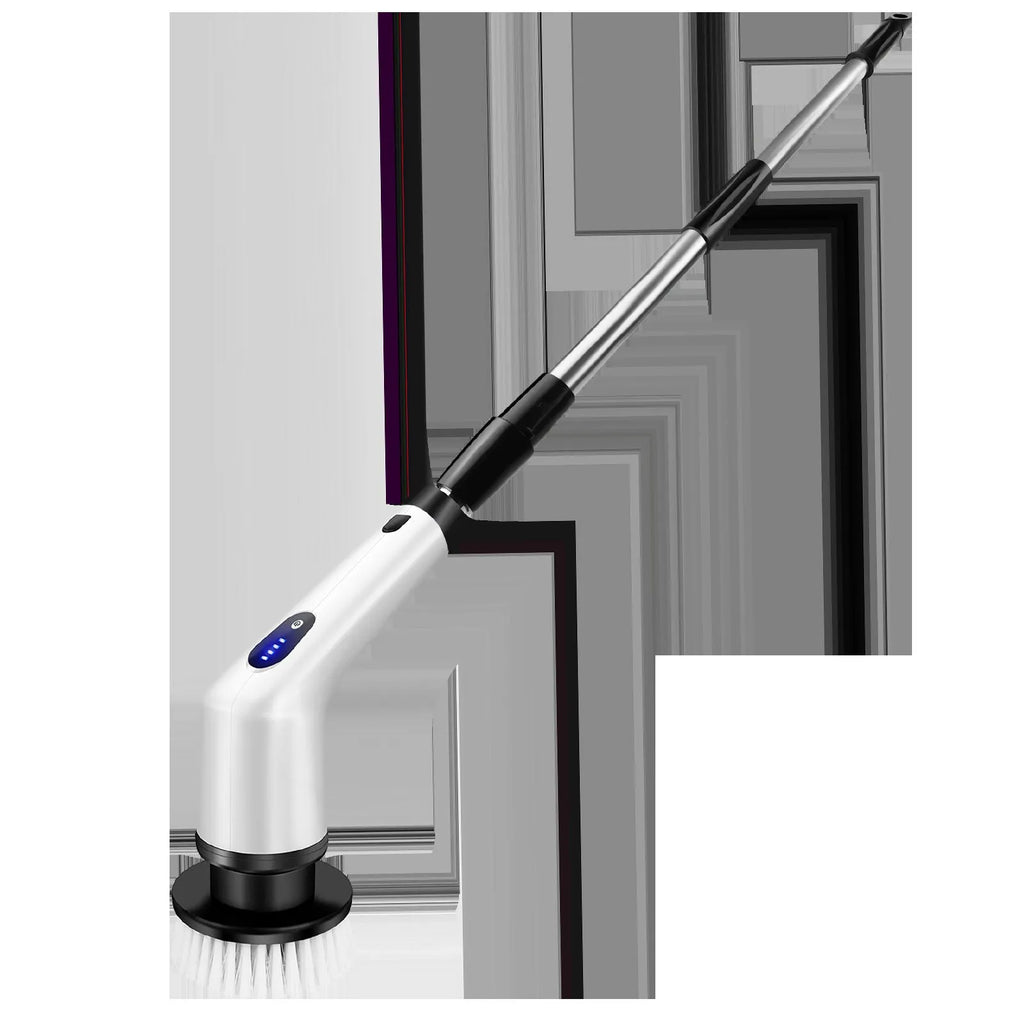 White handheld electric cleaning ball with a brush attachment on a household surface.