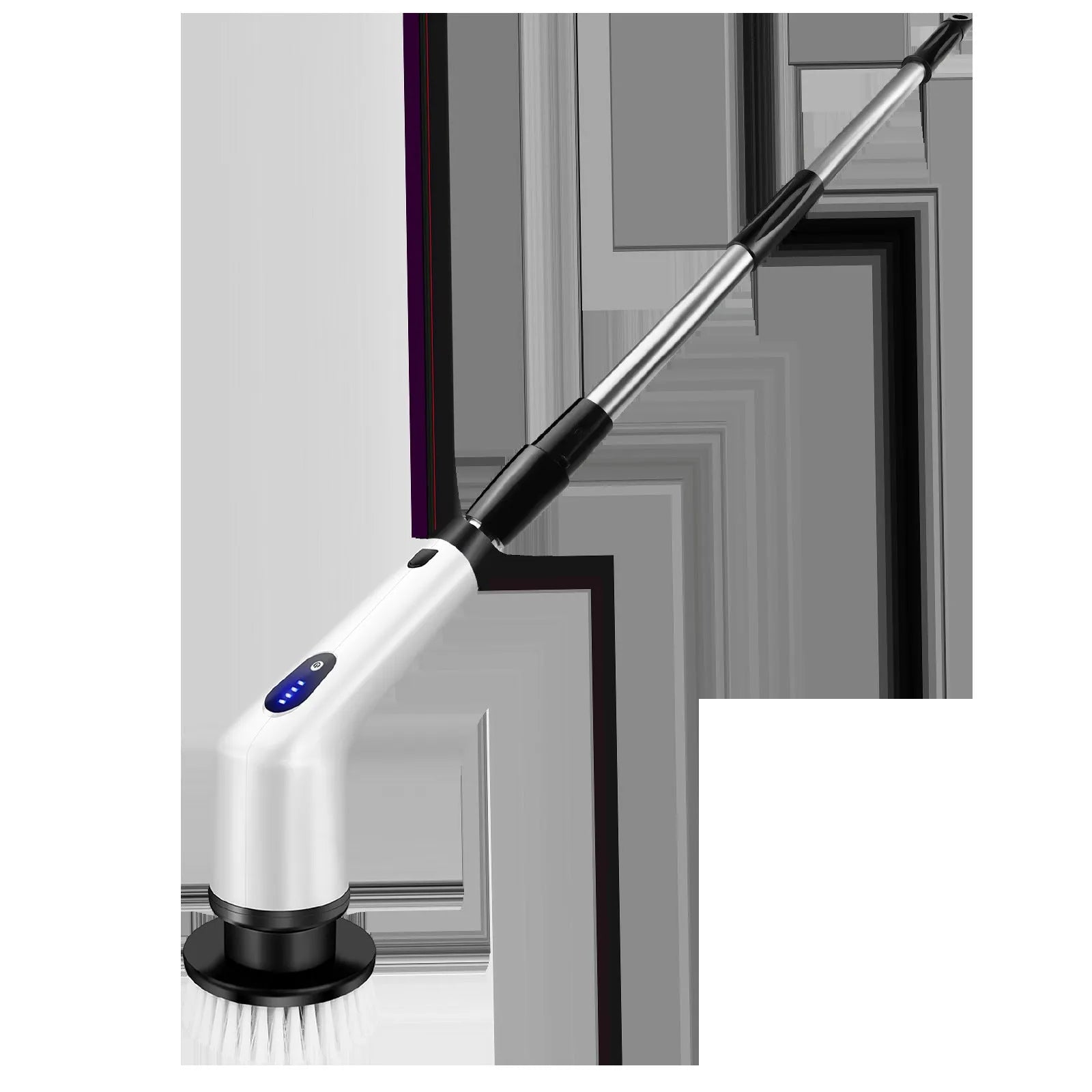 White handheld electric cleaning ball with a brush attachment on a household surface.