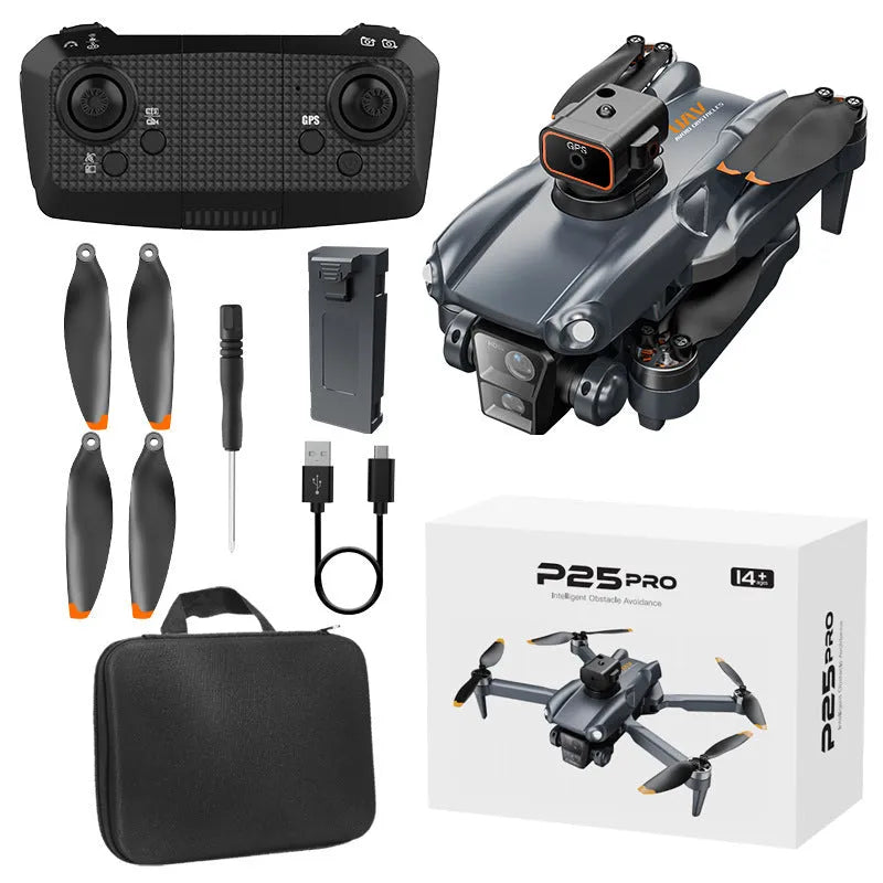 P25 dark blue dual lens brushless drone with 540° obstacle avoidance and GPS return