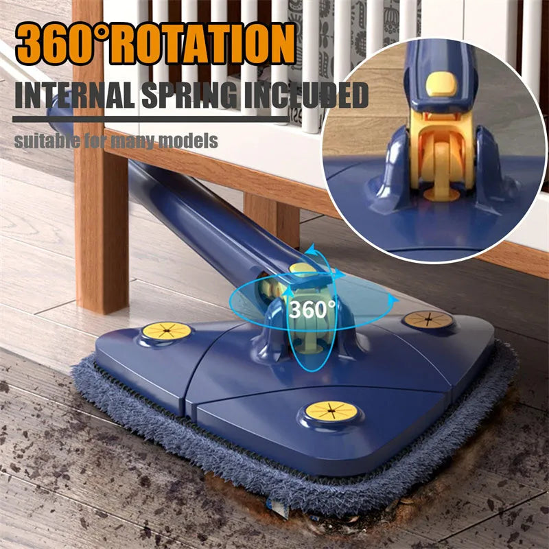 Extendable triangle cleaning mop with rotating head and stainless steel pole in blue colour