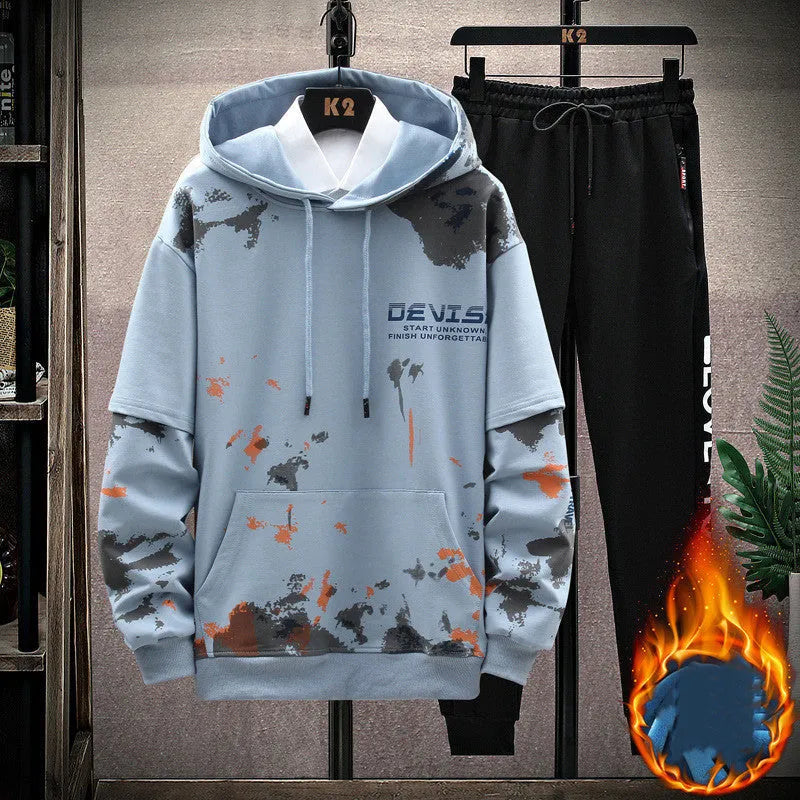 Men's printed kangaroo pocket hooded sweater suit in blue, cotton fabric, front view