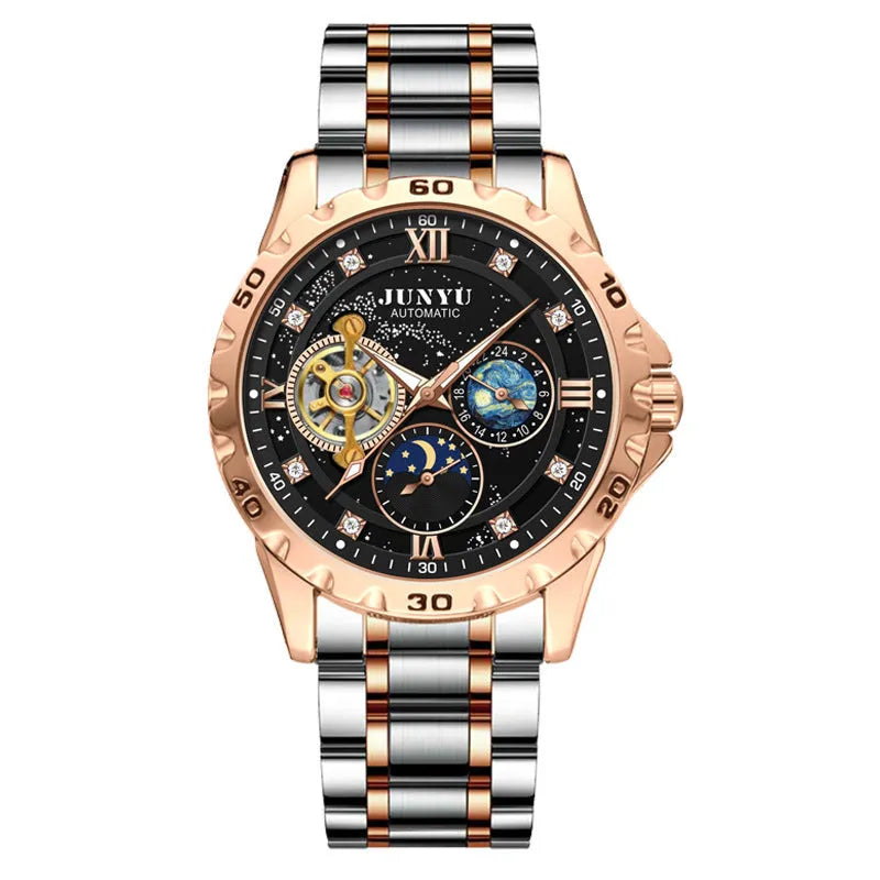 Men's automatic mechanical watch with luminous hands in rose gold, silver, or gold case options