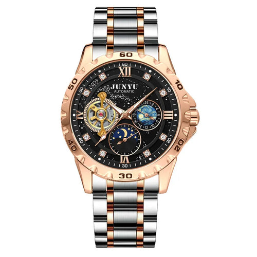 Men's automatic mechanical watch with luminous hands in rose gold, silver, or gold case options
