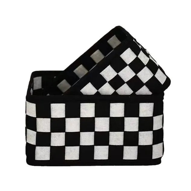 Checkerboard pattern woven felt folding storage box measuring 37cm by 29cm by 19.5cm