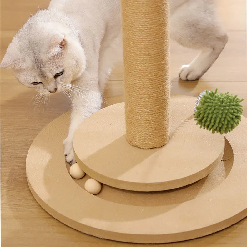 Vertical canna-coloured cat climbing frame with hemp rope posts and wooden platforms mounted on a wall.