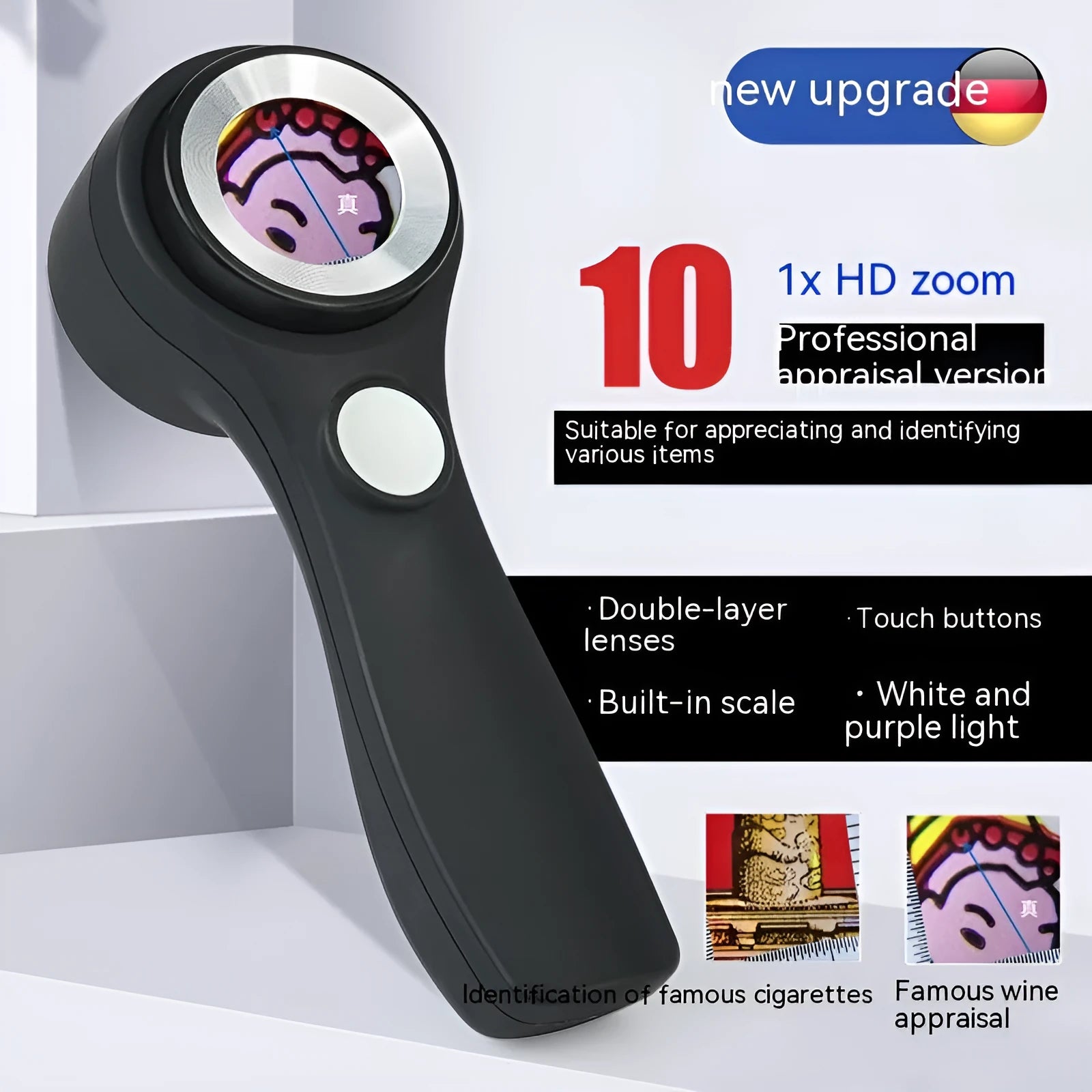 A black or silver appraisal magnifying glass with an optical glass lens and a USB-C charging cable.