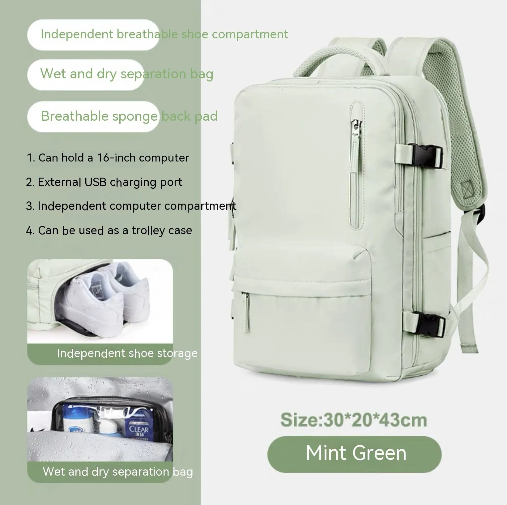Large waterproof mummy-style backpack in nylon, shown in a selection of colours including black, mint green, and pink.