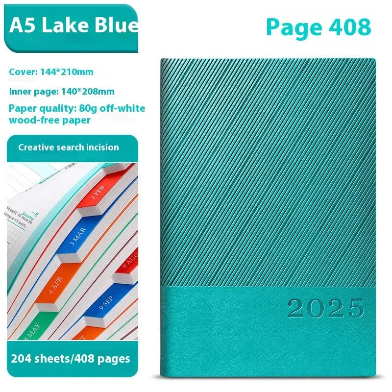A5 business notepad with striped PU leather cover open on 80g wood-free paper, showing one of eight colour options.