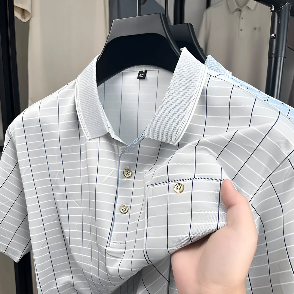 Men's Ice Silk pullover plaid shirt in light gray, loose fit, front view