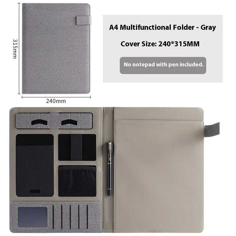 Black leather A4 business folder with pen holder and notepad accessories