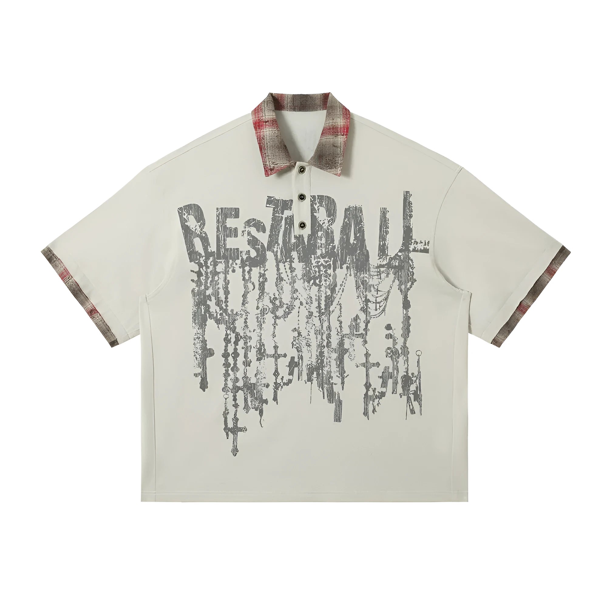 Men's loose blue cotton top with a short sleeve and an asymmetric lapel featuring a graffiti print.