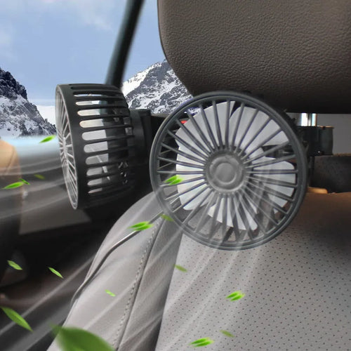 Black car rear electric fan with USB connection and adjustable head for vehicle cooling