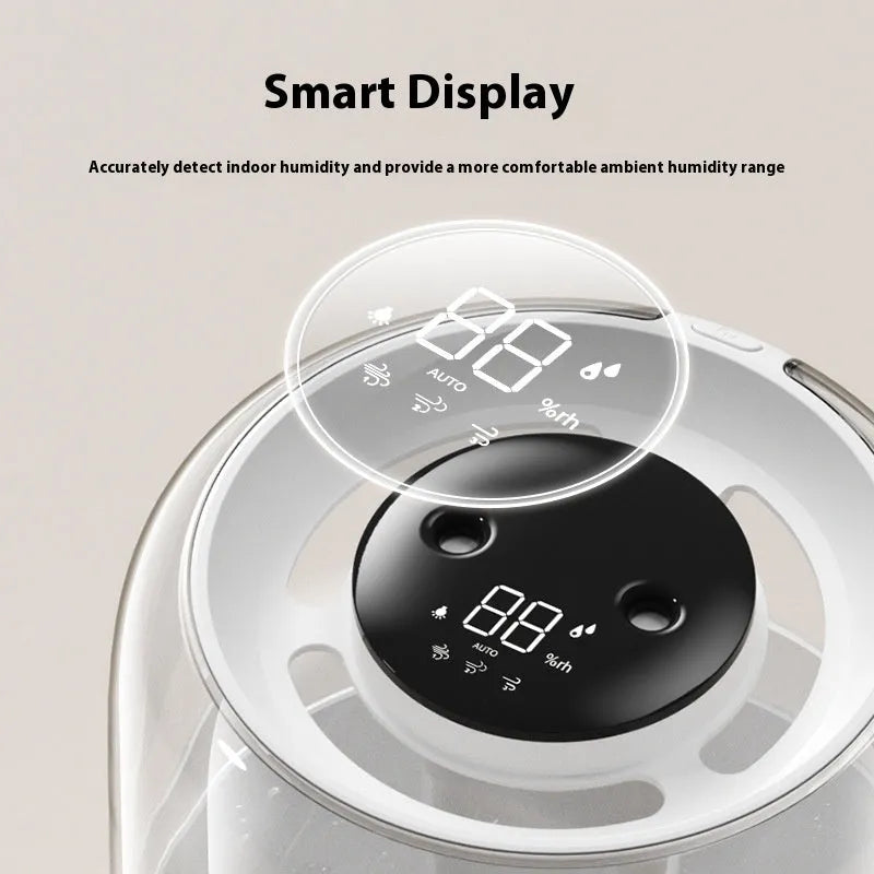 Beige round USB humidifier with dual spray nozzles, humidity display, and gear controls