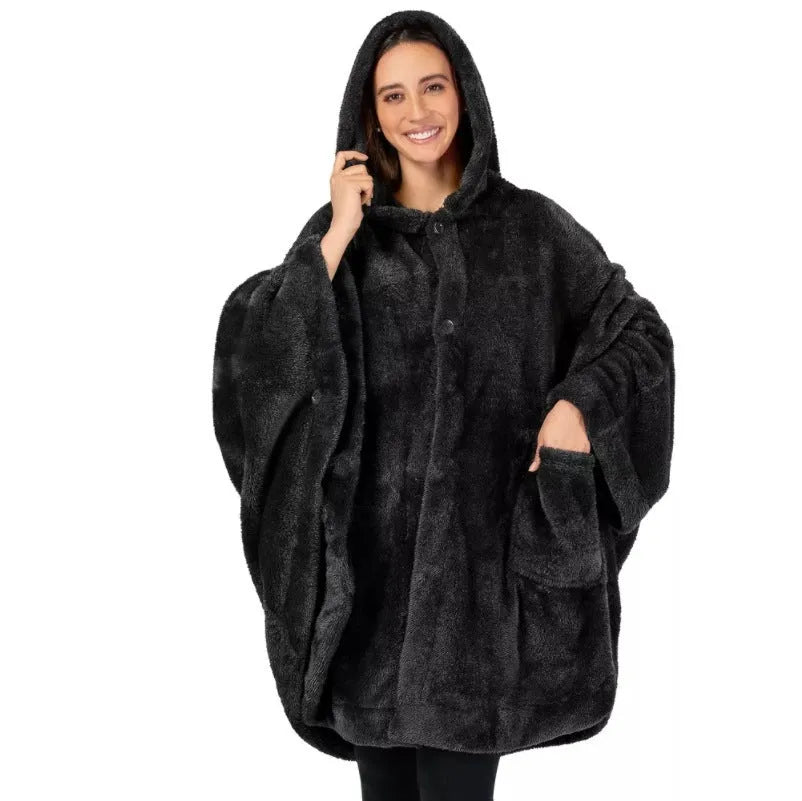 Thick hooded bathrobe in black colour with long sleeves and cardigan-style front
