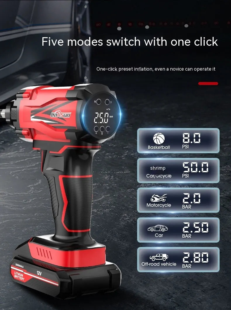 Red and black portable car wireless air pump with digital display, nozzles, and power cables.