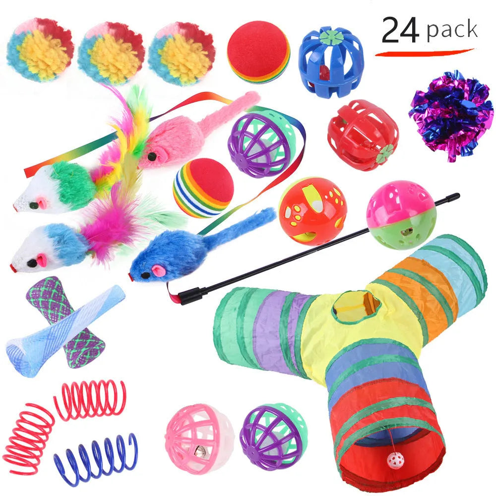 Plastic cat toy channel maze set with coloured accessories for feline play