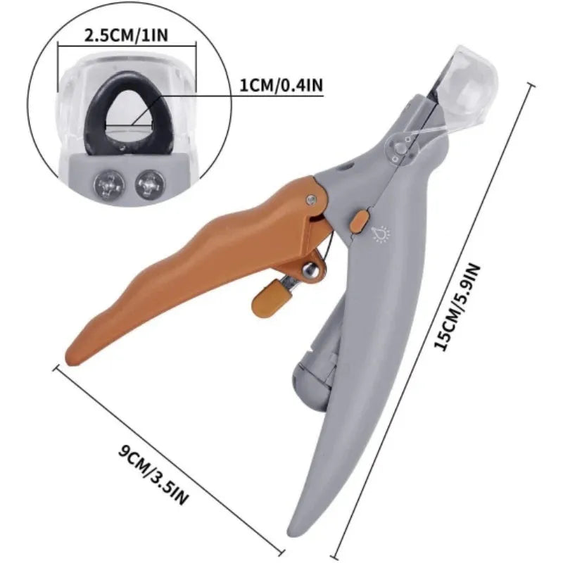 Yellow pet nail clipper for dogs and cats with LED light, magnifying lens, safety guard, and non-slip grip.