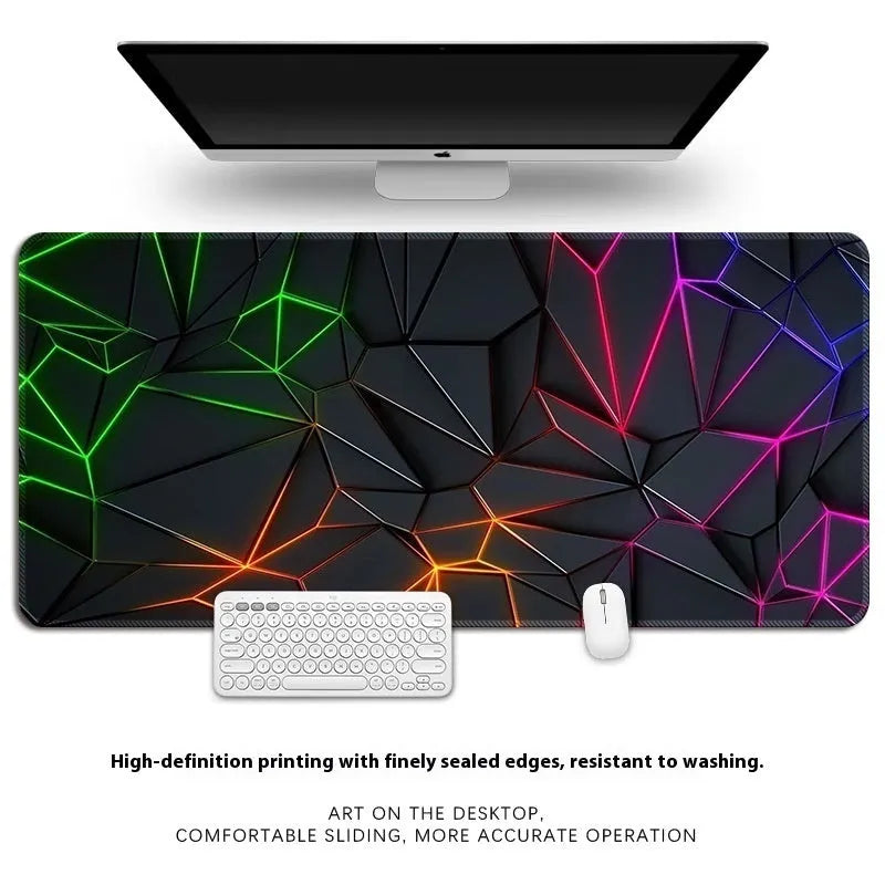 Thickened overlock natural rubber computer desk mat with thermal transfer pattern, shown on a desk with keyboard and mouse.