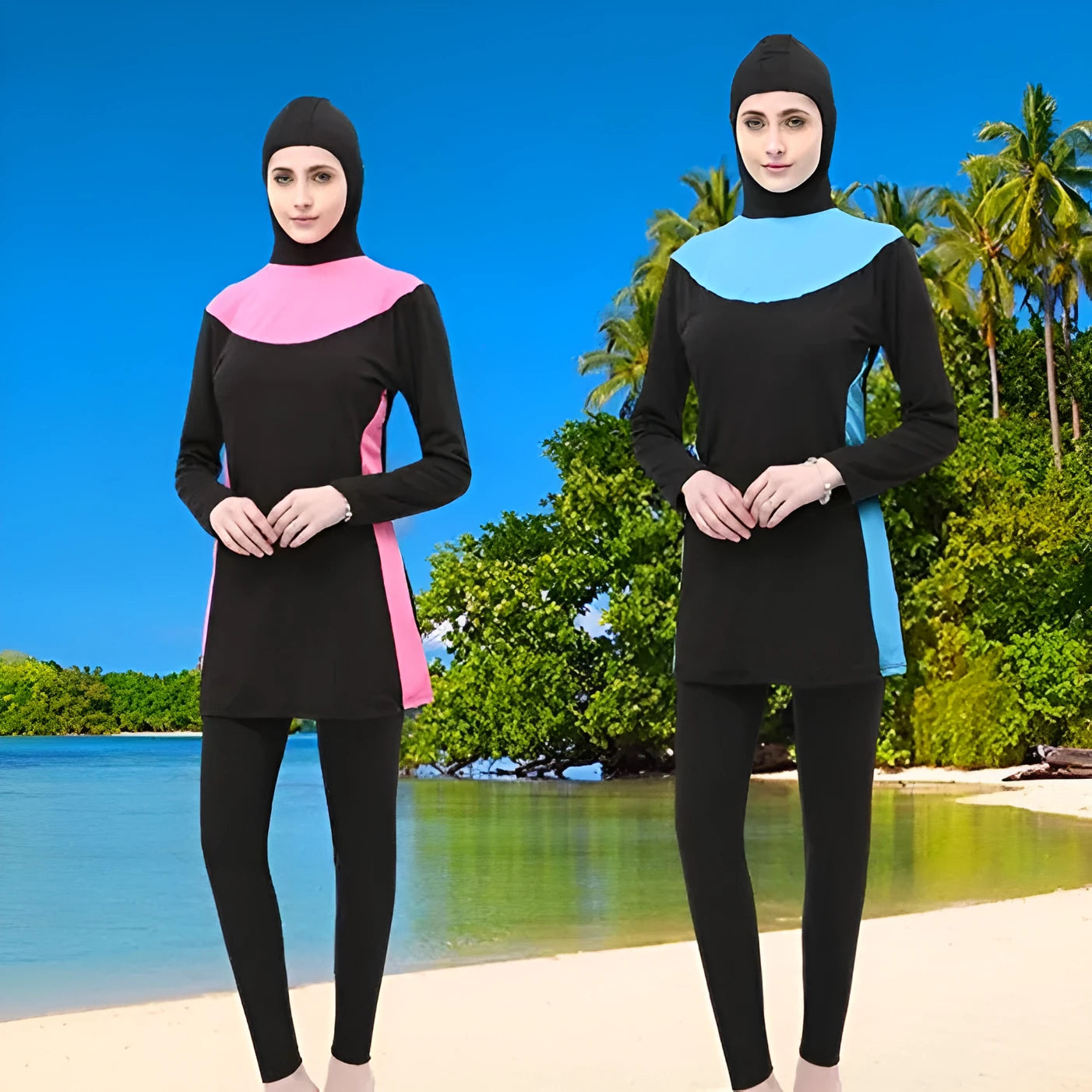 Women's black hooded long sleeve swimsuit with rose red accents, shown as separate top and pants
