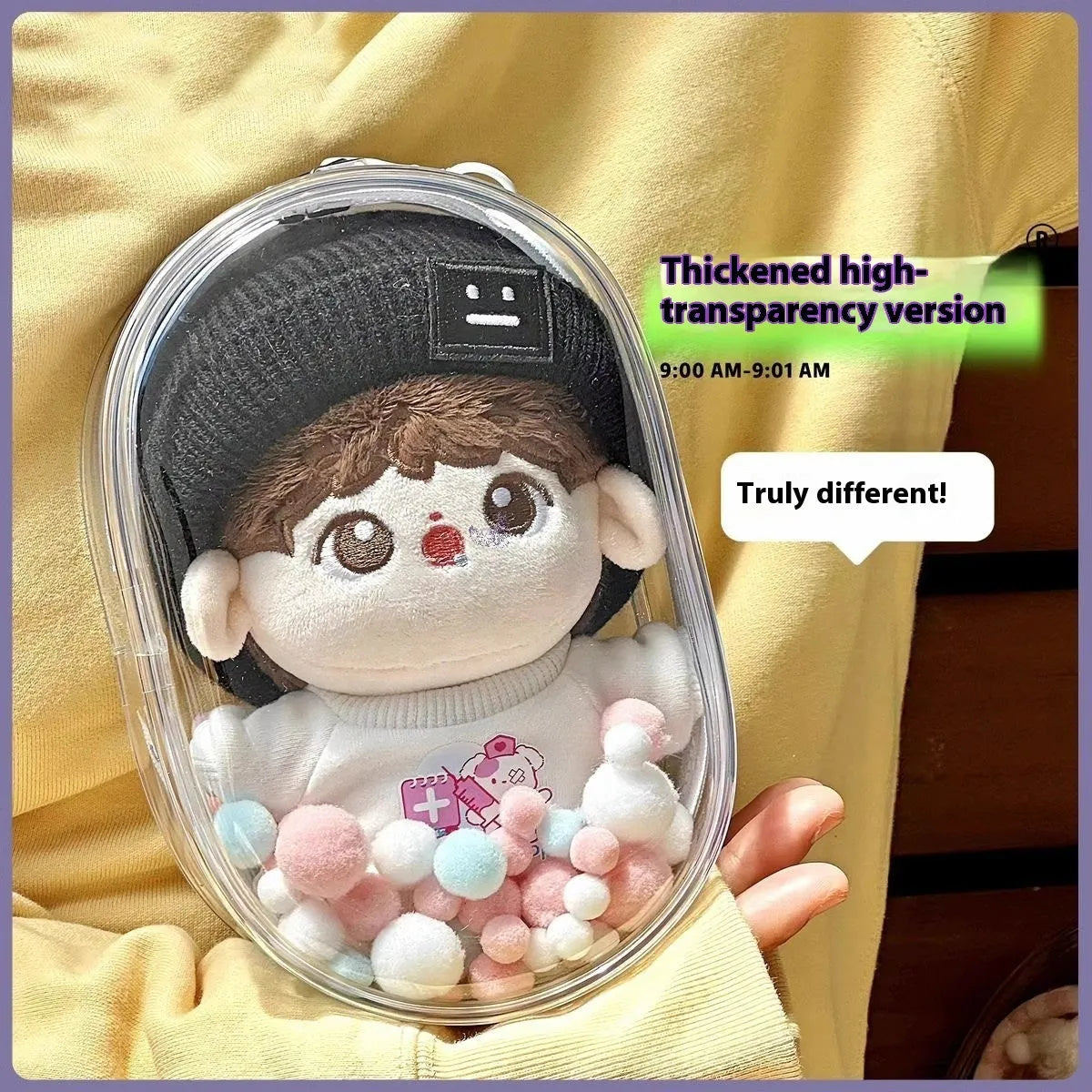 Transparent 17cm PVC cube storage bag with colourful ball keychain in avocado green colour