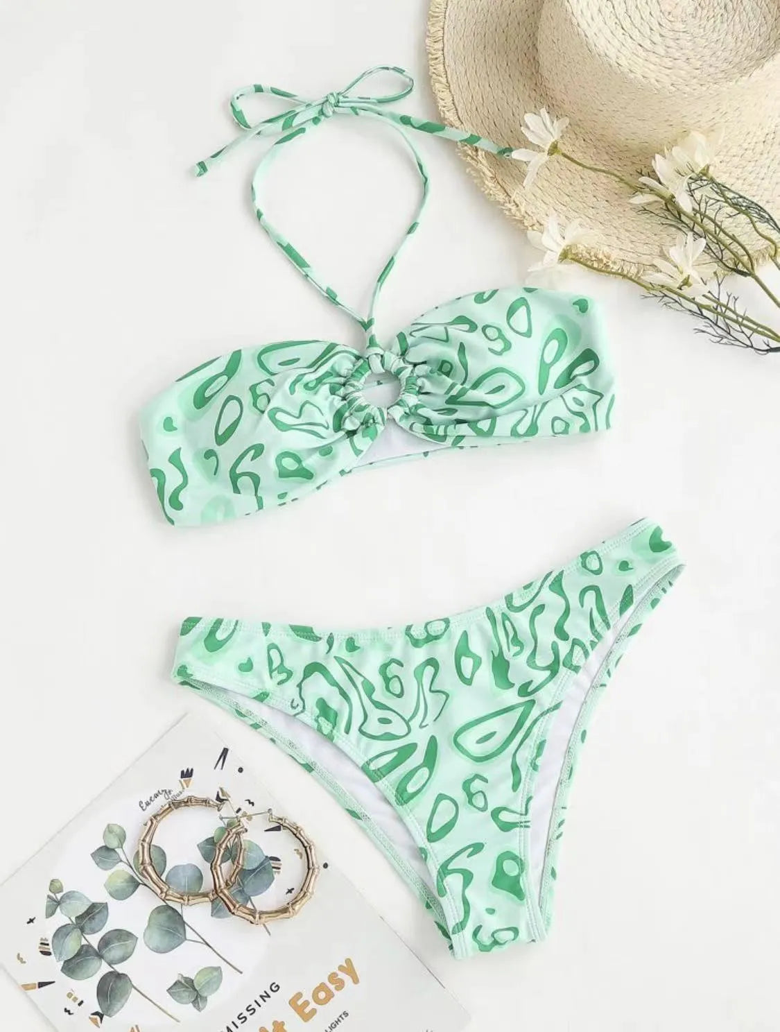 Green floral bandeau bikini swimsuit set with backless design and split bottoms