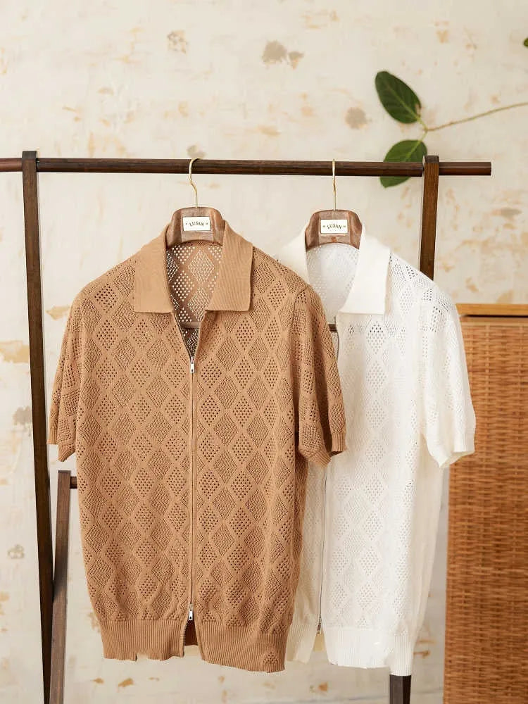 Cotton short sleeve cardigan with front zipper and hollow out pattern in light brown colour