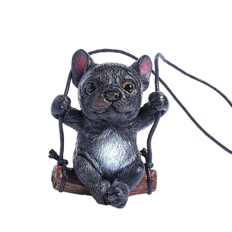 Resin cartoon bulldog car hanging ornament for rearview mirror in black, white, or yellow.