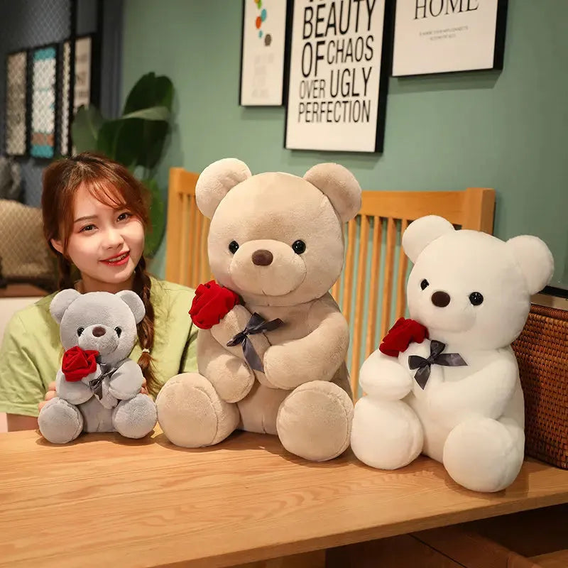 Rose pattern teddy bear plush doll in beige, brown or grey colours with soft fabric texture