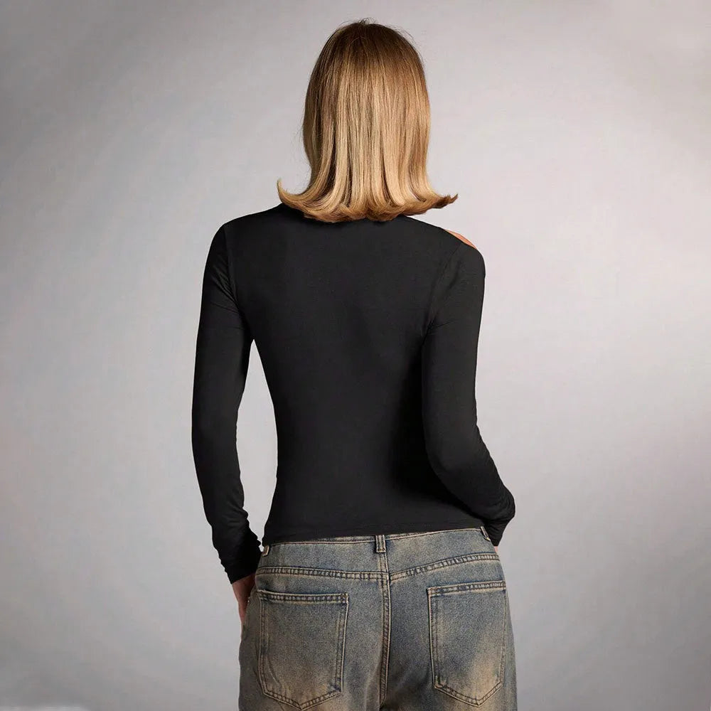 Black women's slim fit halter top with strapless shoulder-baring design.