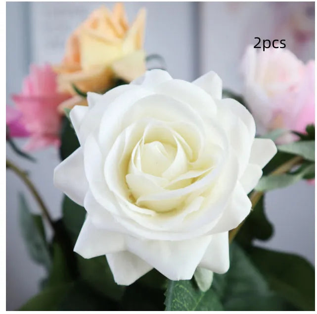 Silk fabric artificial rose bouquet in assorted colours with realistic petals, approximately 42cm long
