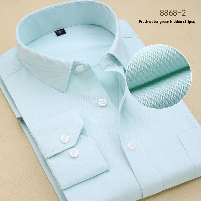 Men's black slim fit long sleeve business shirt with a cardigan-style collar.