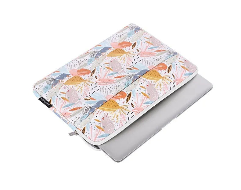 White PU leather laptop inner bag for 14-inch computers, shown with size options for 11, 12, 13, 14, and 15 inches.