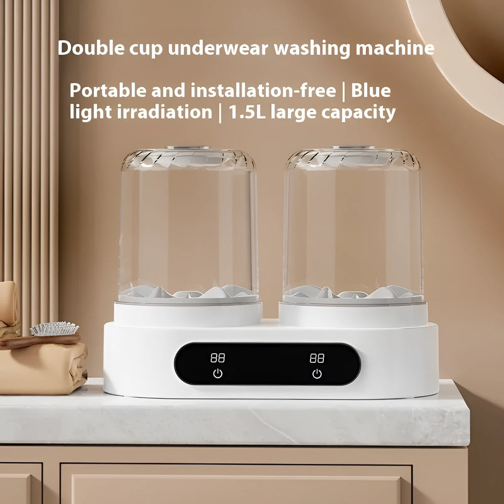 White USB-powered mini portable washing machine with two wash buckets for underwear and socks.