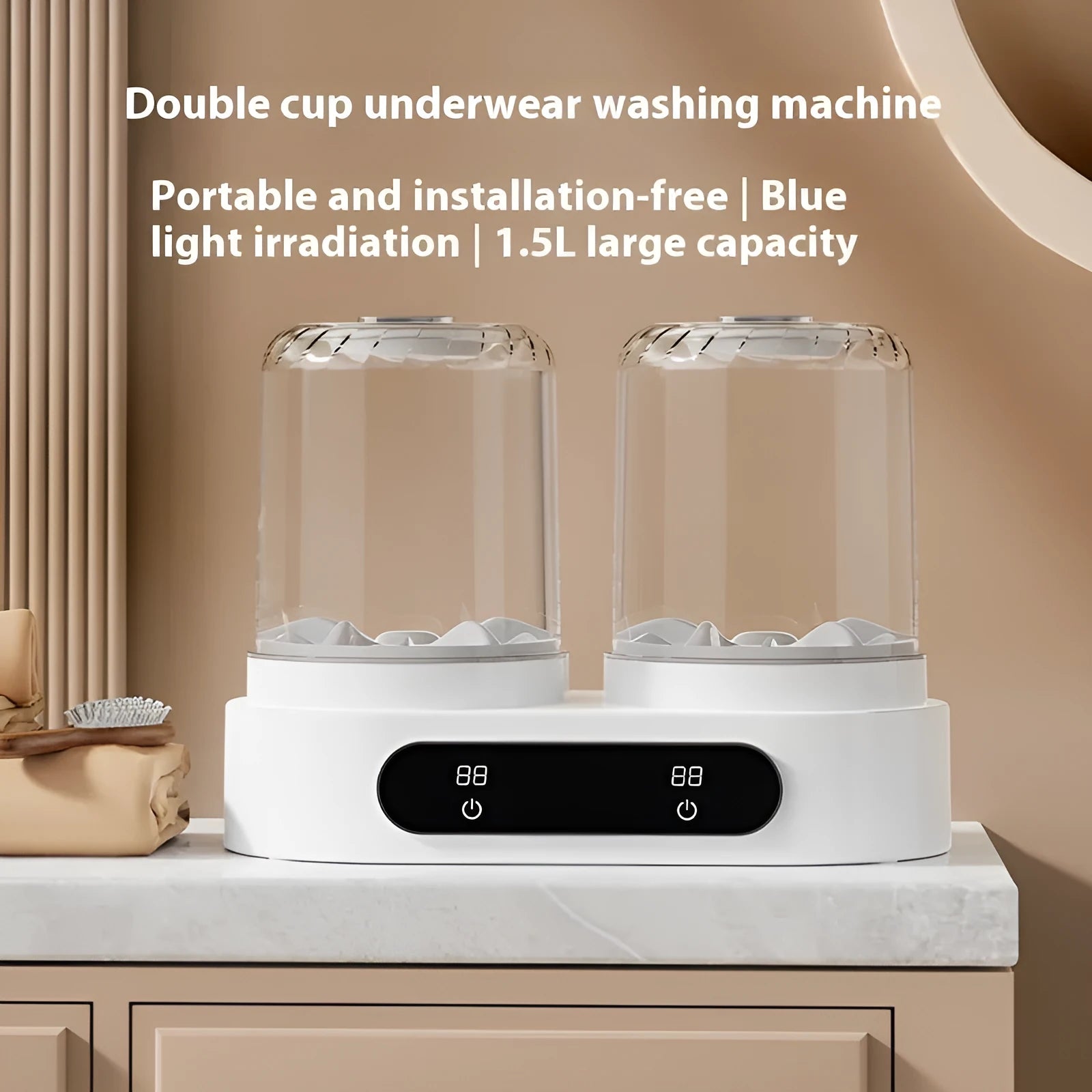 White USB-powered mini portable washing machine with two wash buckets for underwear and socks.