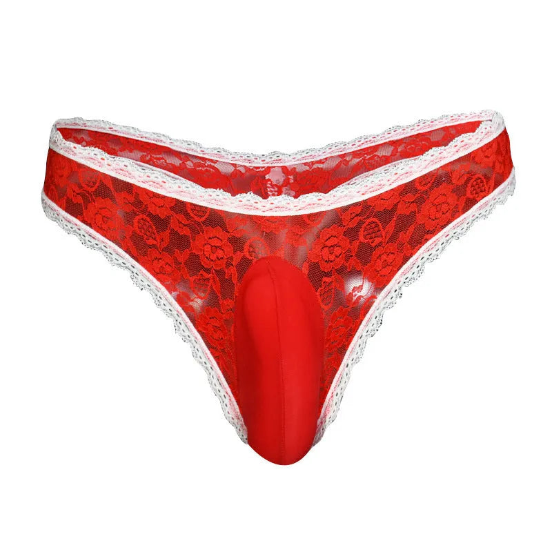 Men's lace triangle briefs with vertical bag egg design and penis cover in black colour