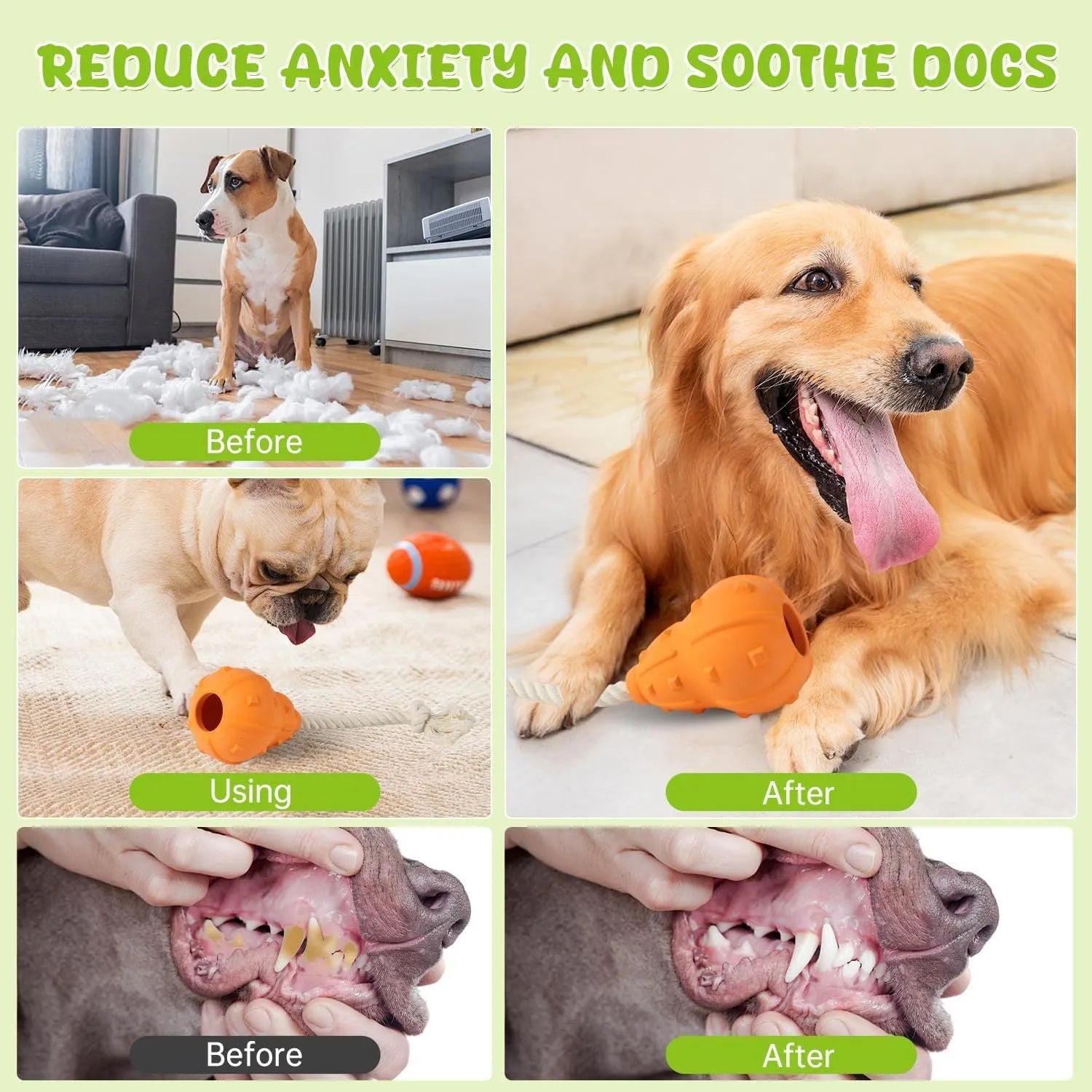 A long, brown, natural rubber stuffable dog toy for small medium breeds, shown with a treat inside.