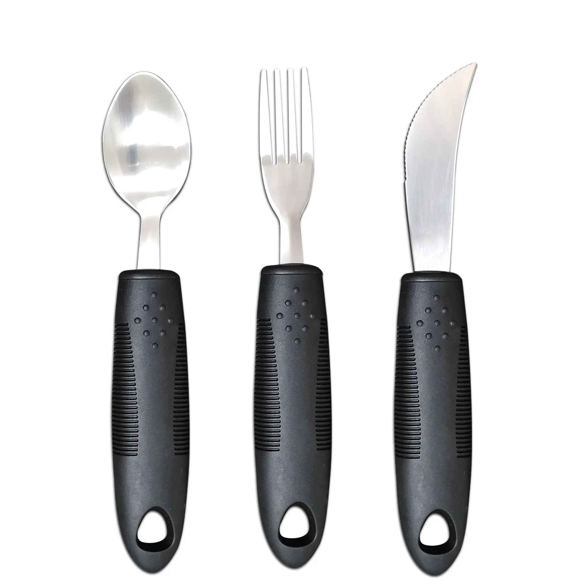 Adaptive cutlery set with stainless steel utensils and rubber grip handles for hand tremor assistance