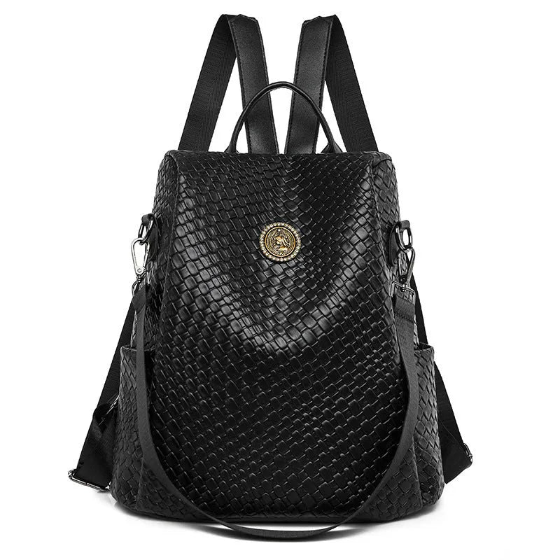 Women's black anti-theft backpack with multiple compartments and woven design details