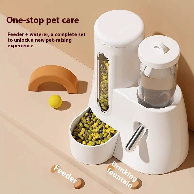 White, blue, and pink hamster automatic water feeder and food basin set on a white background.