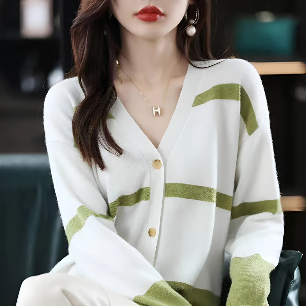 Women's striped knitted cardigan with 3D pattern texture and V-neck