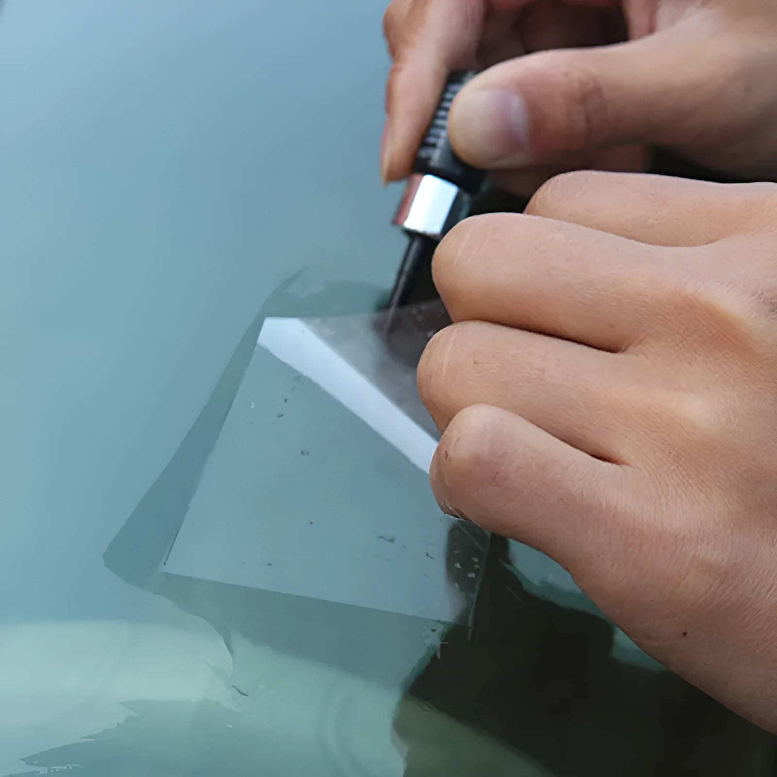 Yellow three-piece car windscreen repair tool set with glass repair liquid