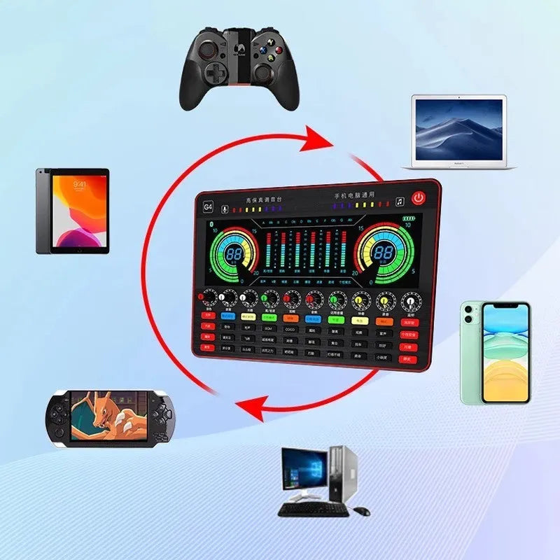G4 professional live sound card with colour LCD screen, tuning knobs, and included microphone and cables